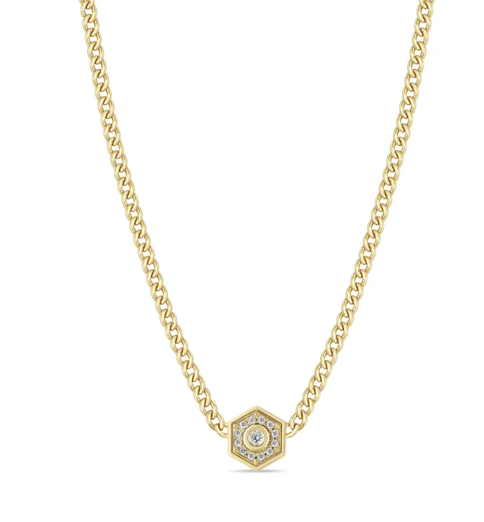 14K MEDIUM CURB CHAIN DIAMOND HEXAGON HALO NECKLACE