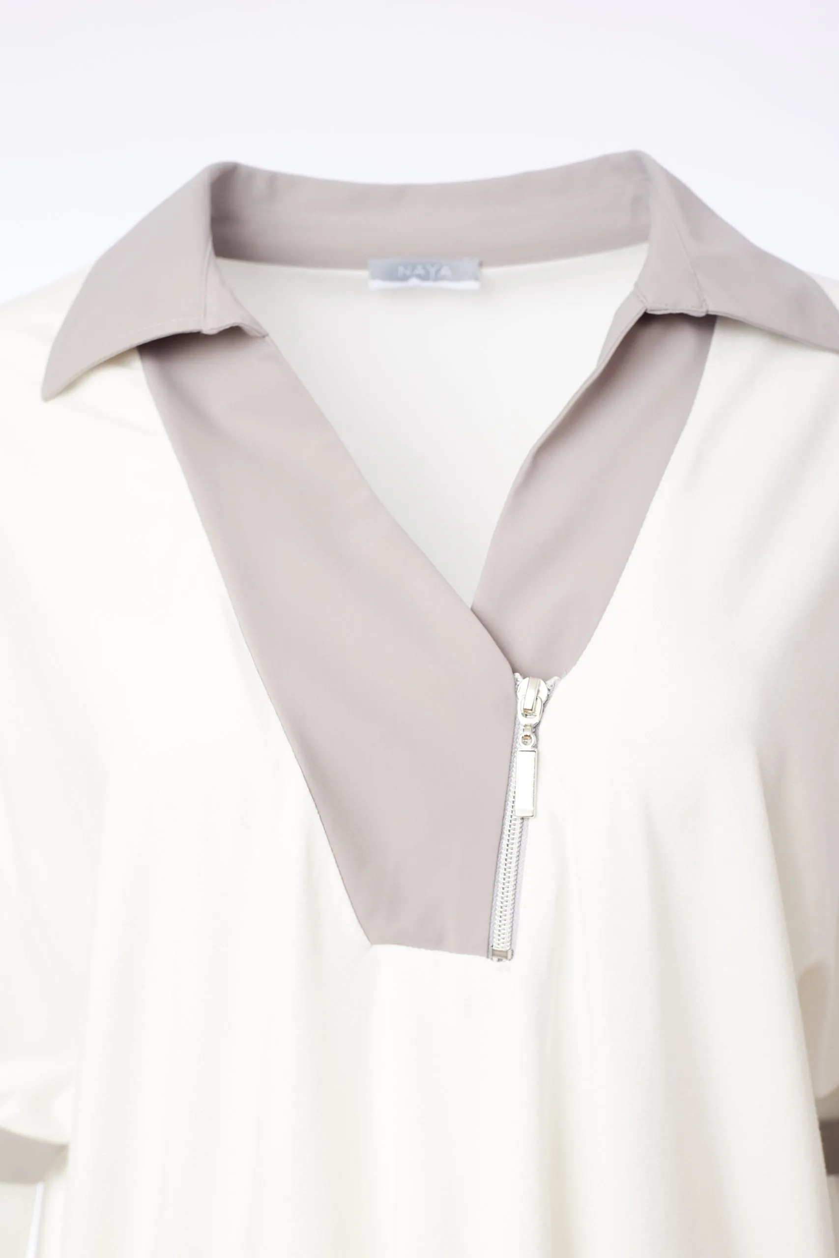 24361- Naya Jersey Zip detail top/ collar- Cream & Mink