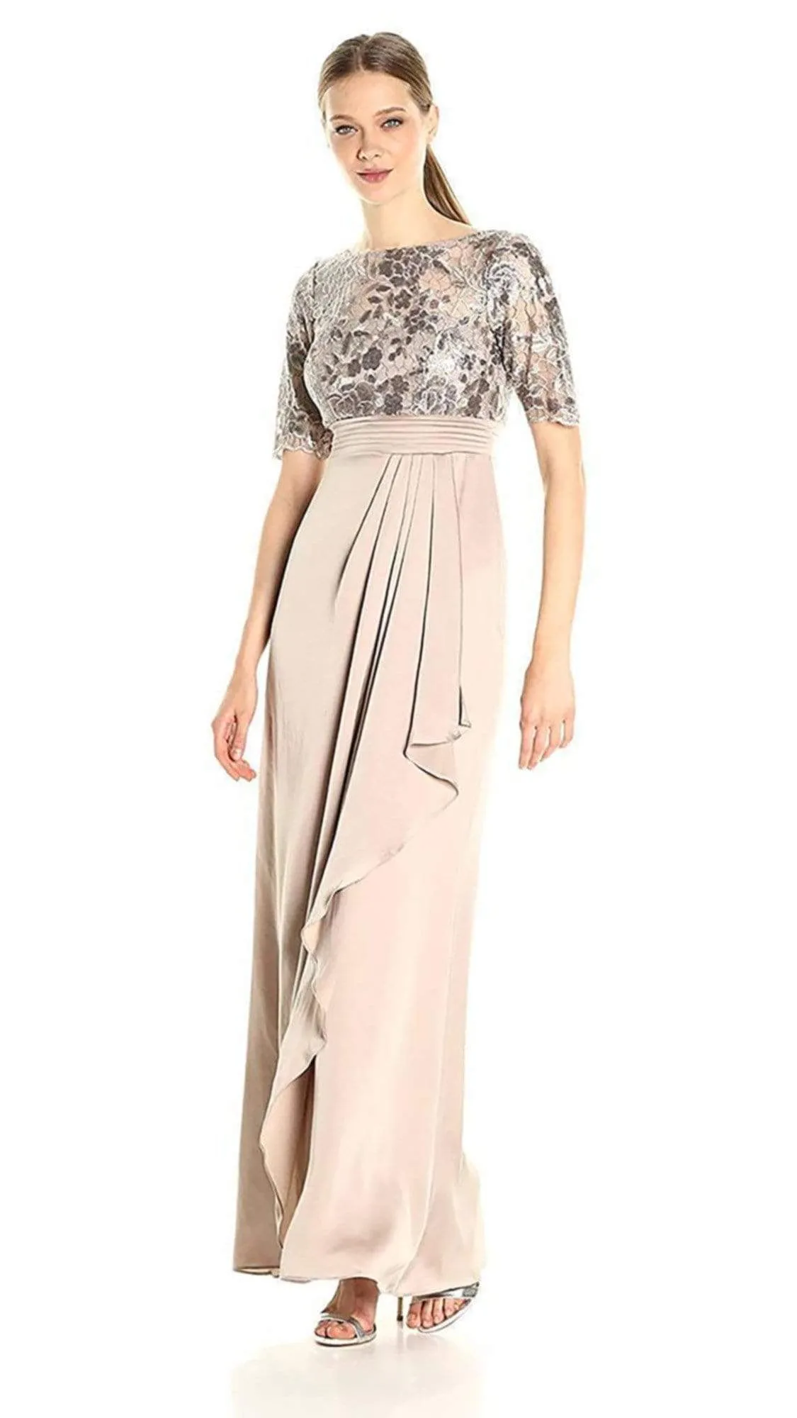 Adrianna Papell - Short Sleeves Draped Satin Dress AP1E201568 - 1 pc Light Mink in Size 6 Available