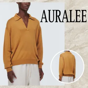 AURALEE  |Cashmere Silk Blended Fabrics V-Neck Long Sleeves Plain