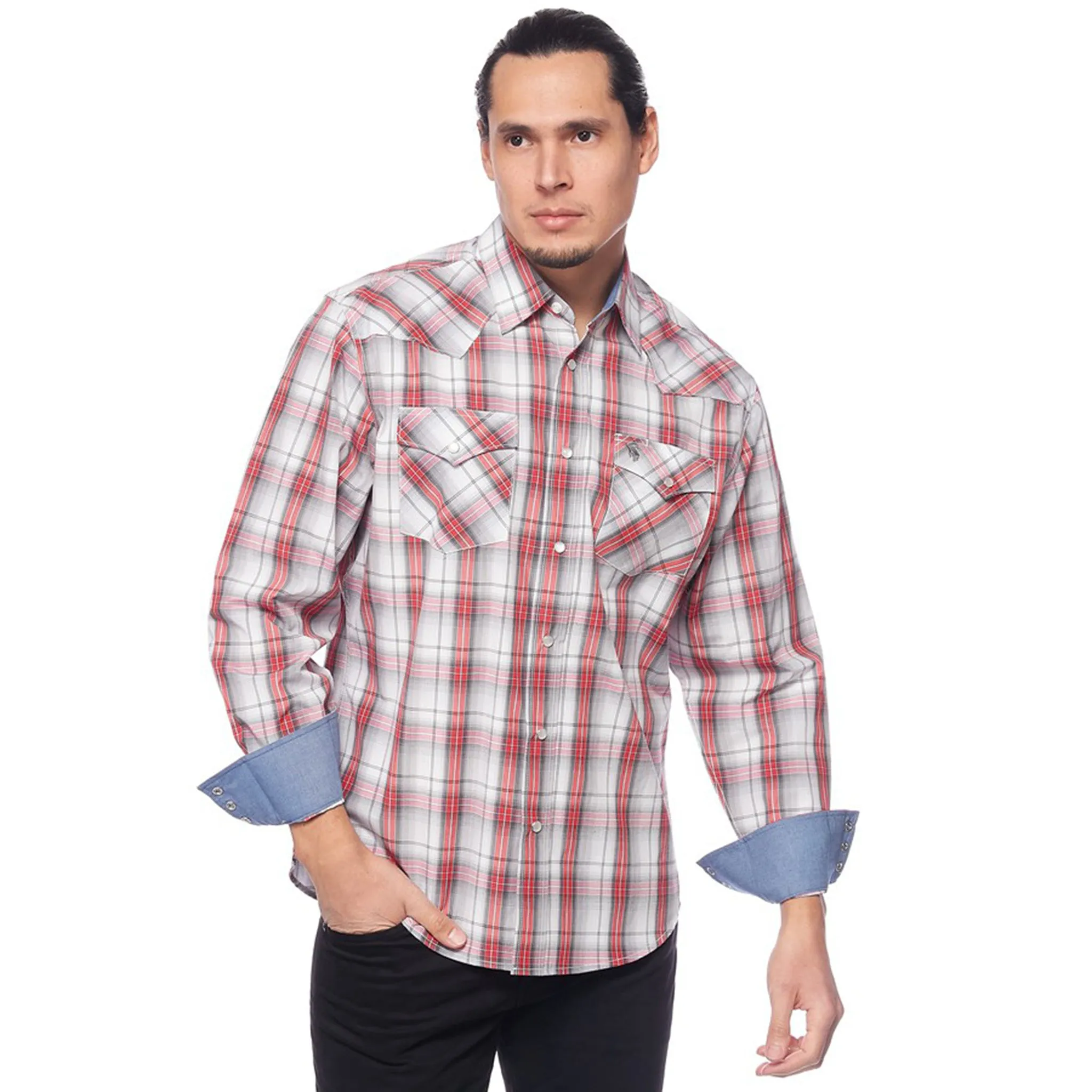 Avalon Men's Grey/White/Red Plaid Long Sleeve