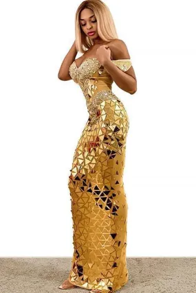 Beautiful Entrance Gold Maxi Diamante Dress