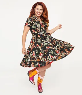 Black & Cowgirl Print Swing Shirt Dress