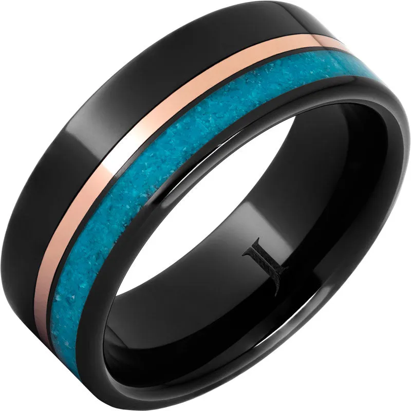 Black Diamond Ceramic Ring With 14K Rose Gold and Turquoise Inlays