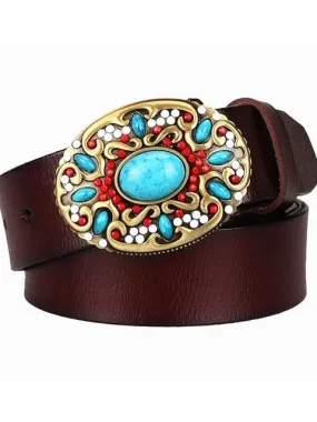 Cowgirl Genuine leather belt mosaic gem turquoise belts metal buckle Belt Gifts