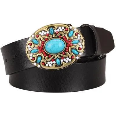 Cowgirl Genuine leather belt mosaic gem turquoise belts metal buckle Belt Gifts