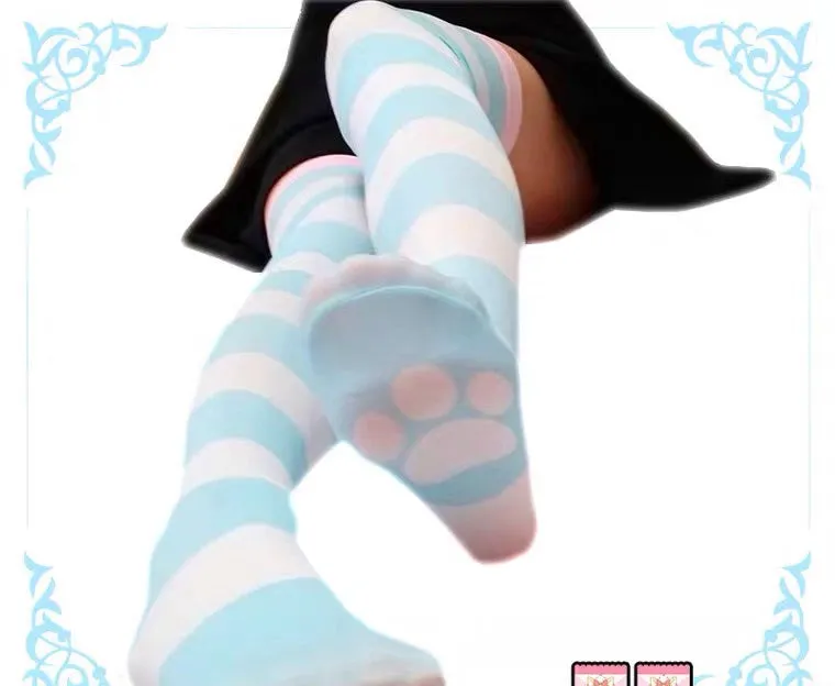 CUTE CAT CLAW BLUE PINK STRIPE KNEE SOCKS BY98222