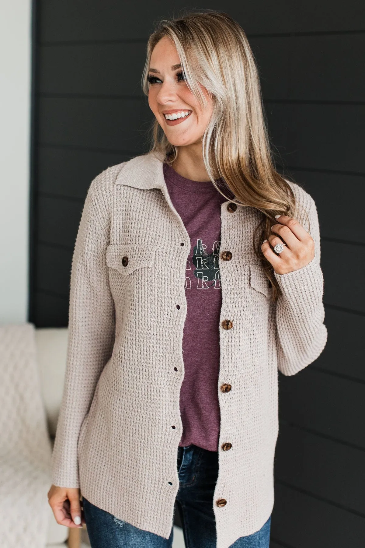 Don't Be Fooled Waffle Knit Button Top- Light Taupe