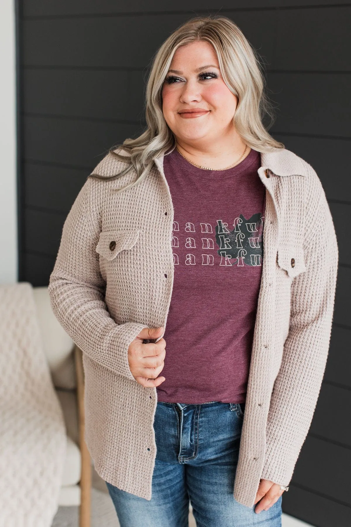 Don't Be Fooled Waffle Knit Button Top- Light Taupe