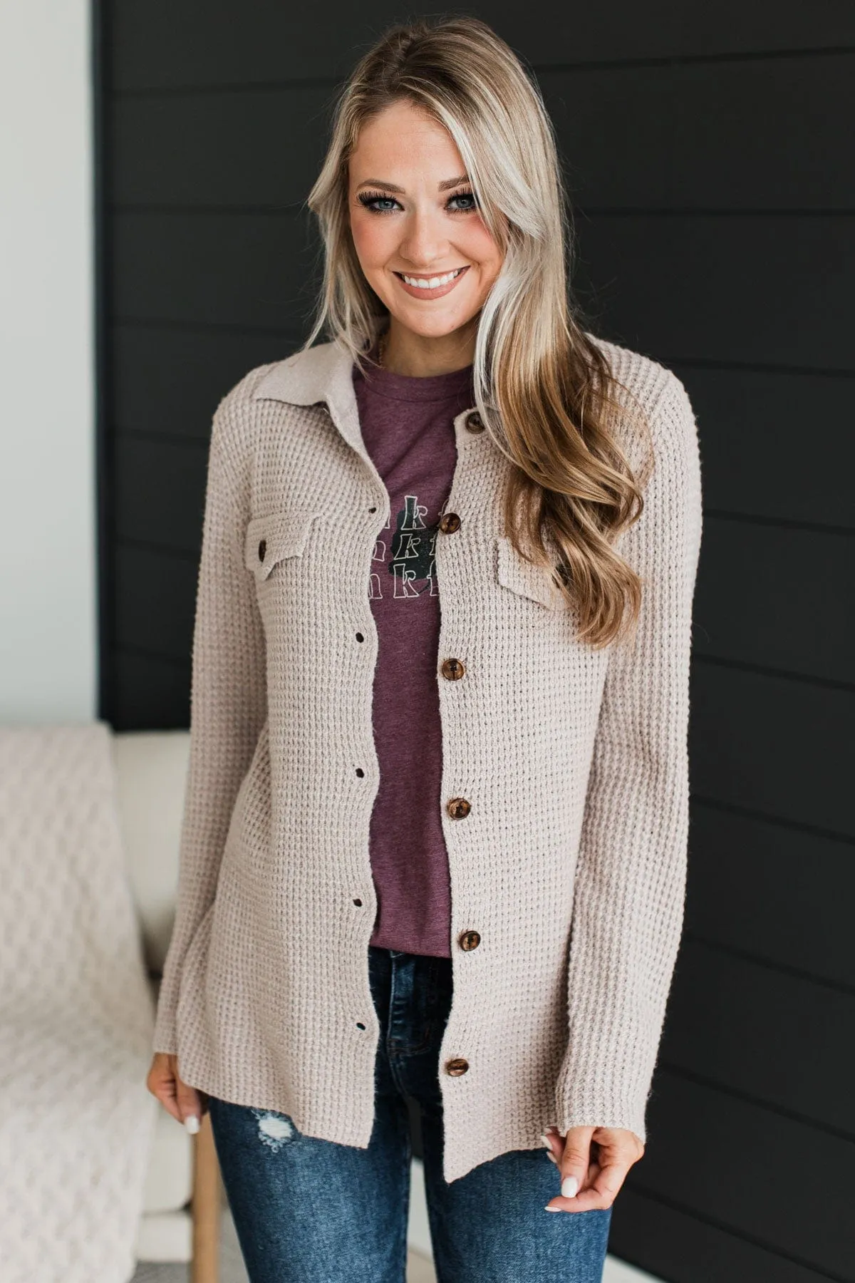 Don't Be Fooled Waffle Knit Button Top- Light Taupe