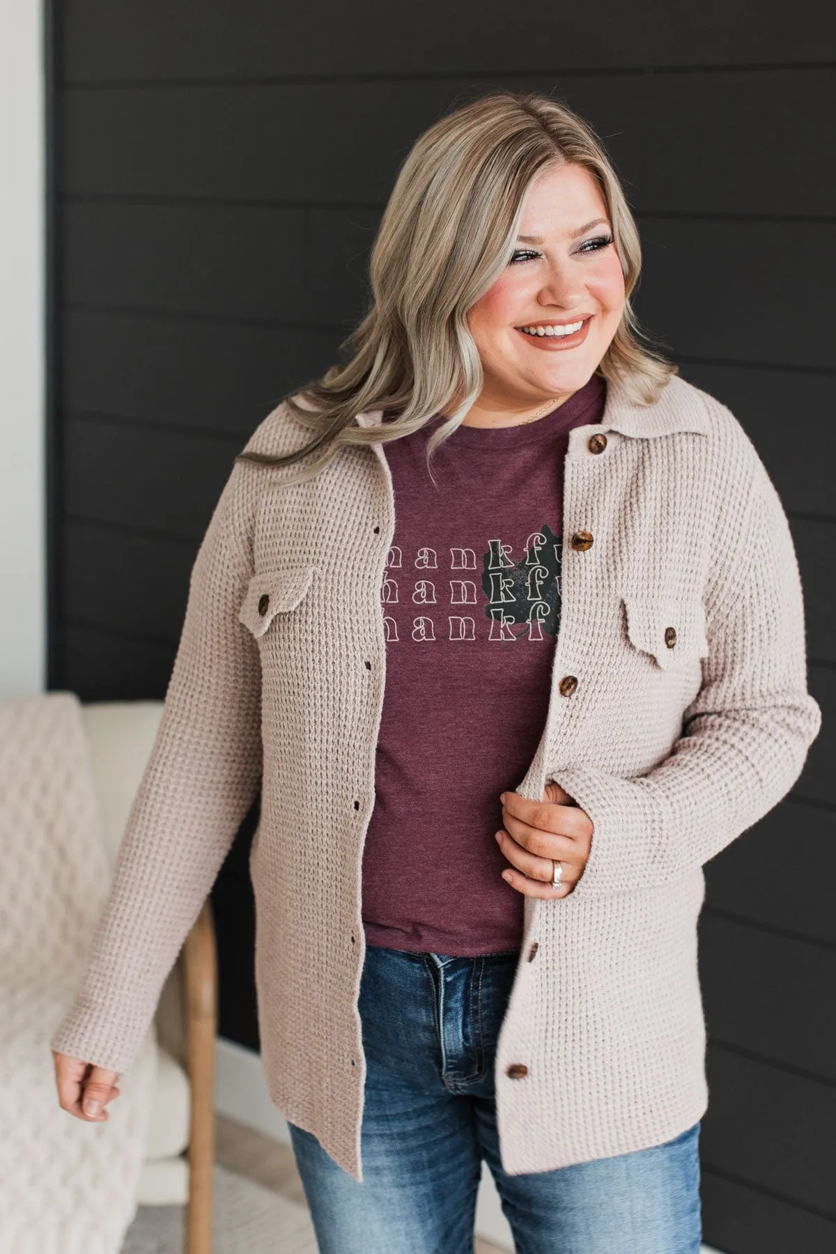 Don't Be Fooled Waffle Knit Button Top- Light Taupe