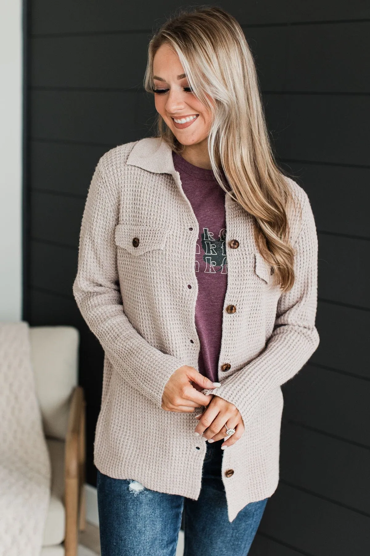 Don't Be Fooled Waffle Knit Button Top- Light Taupe