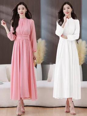 Elegant Midi Pink Prom Dress Summer Women Casual Long Sleeve Bodycon