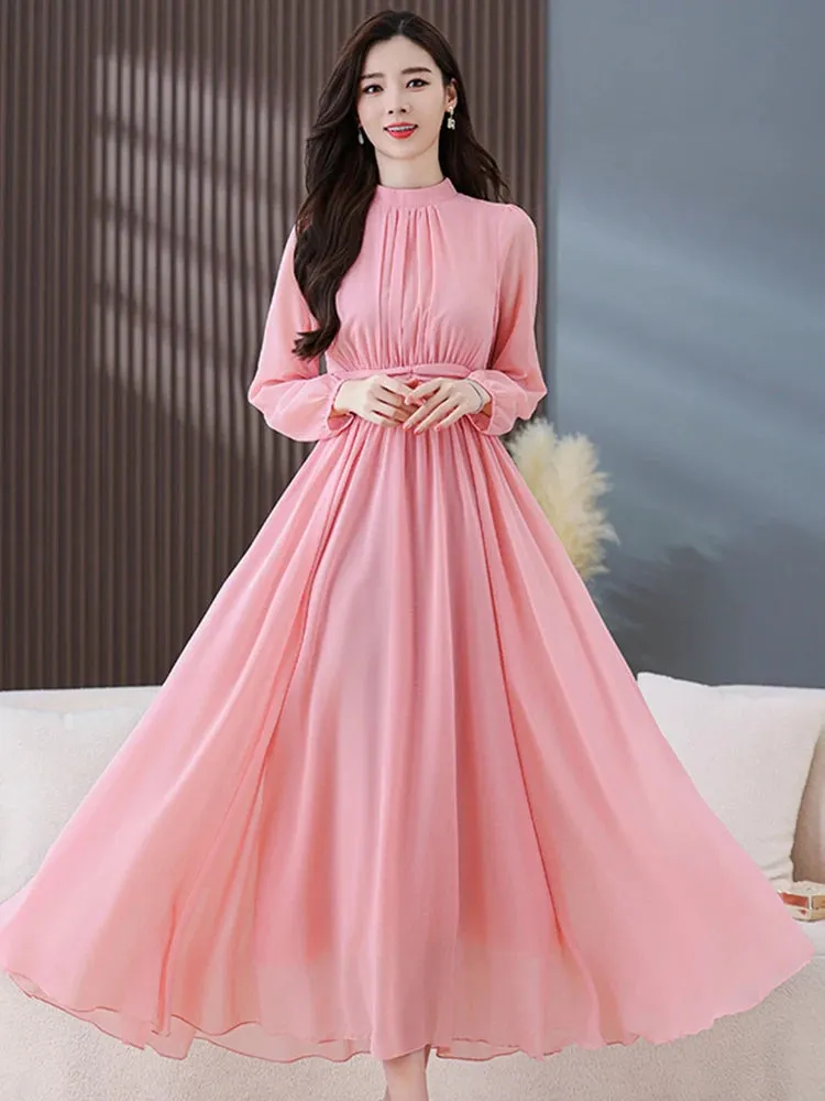 Elegant Midi Pink Prom Dress Summer Women Casual Long Sleeve Bodycon