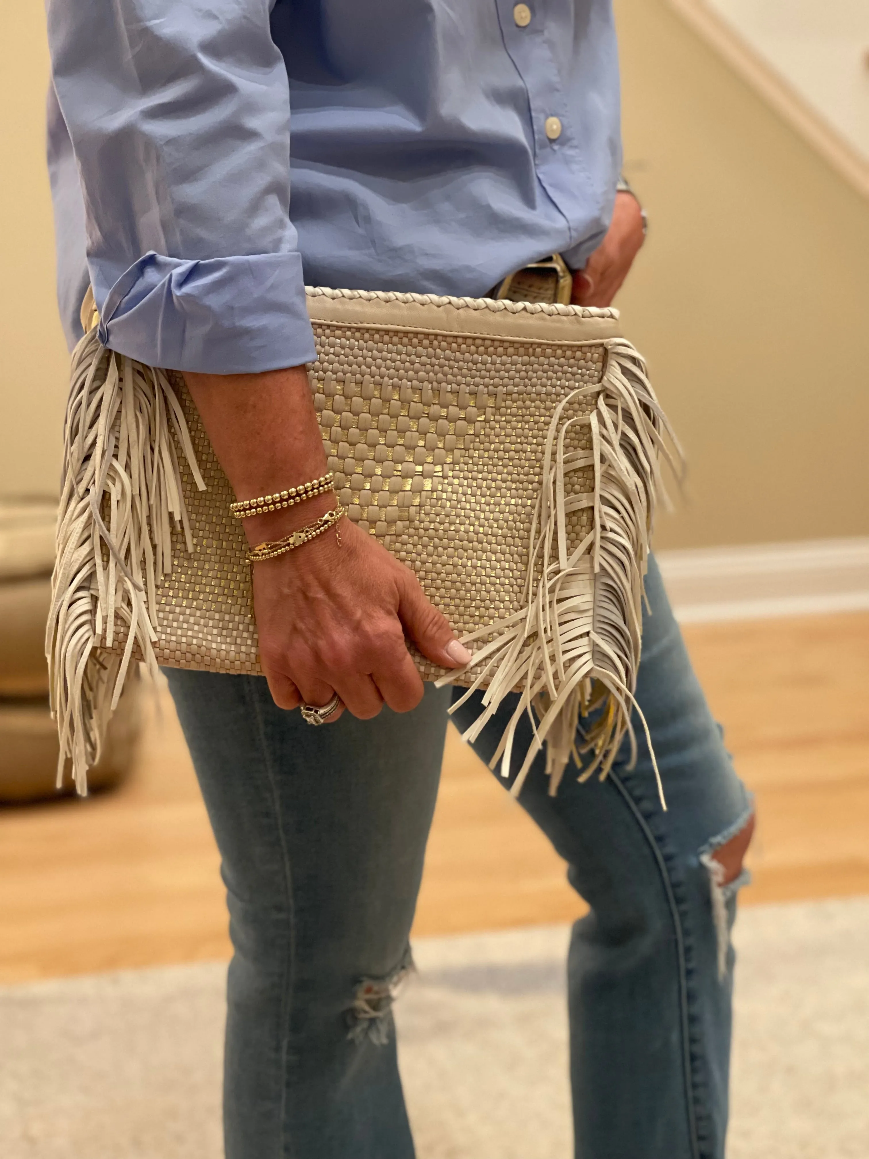 Enshalla Beige White & Gold Fringe Woven Clutch