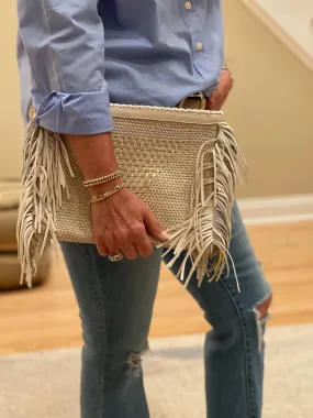 Enshalla Beige White & Gold Fringe Woven Clutch