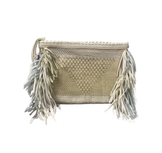 Enshalla Beige White & Gold Fringe Woven Clutch