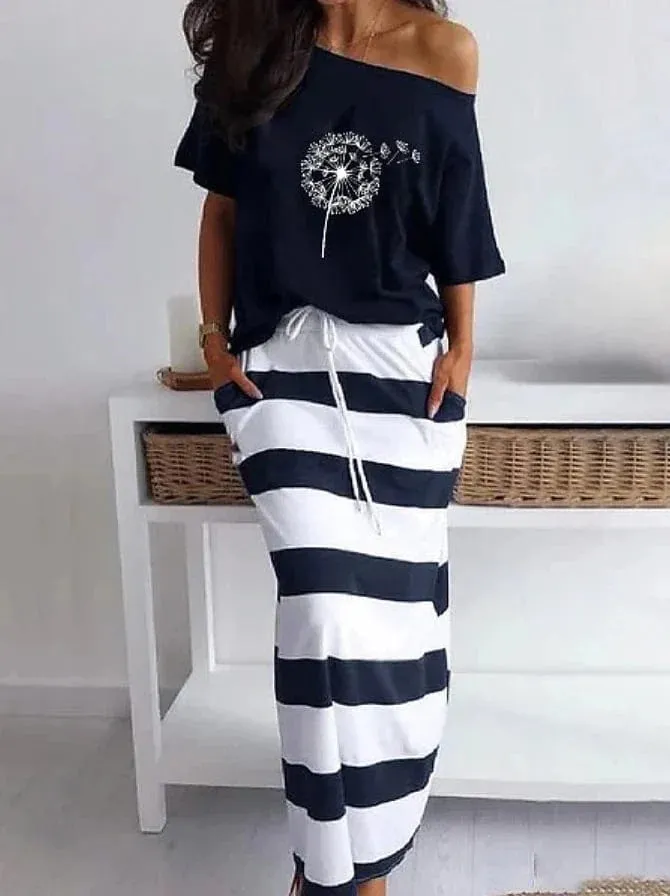 Floral Navy Blue Maxi Dress with High Neck and Long Sleeves