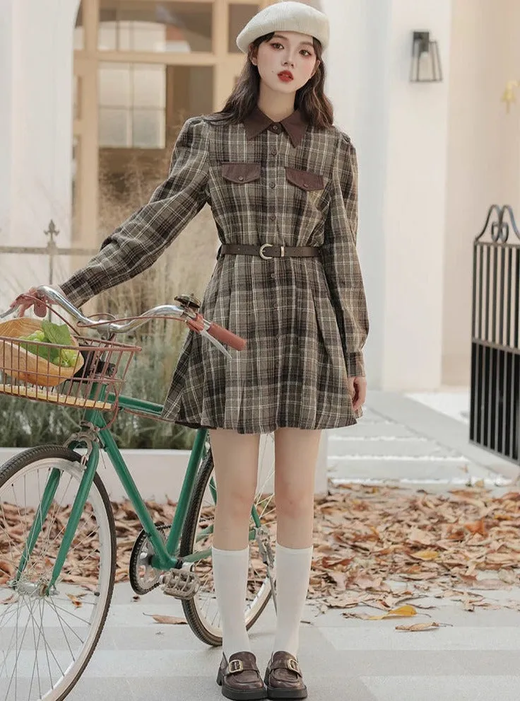 Foggy Skies Plaid Dark Academia Wool Dress