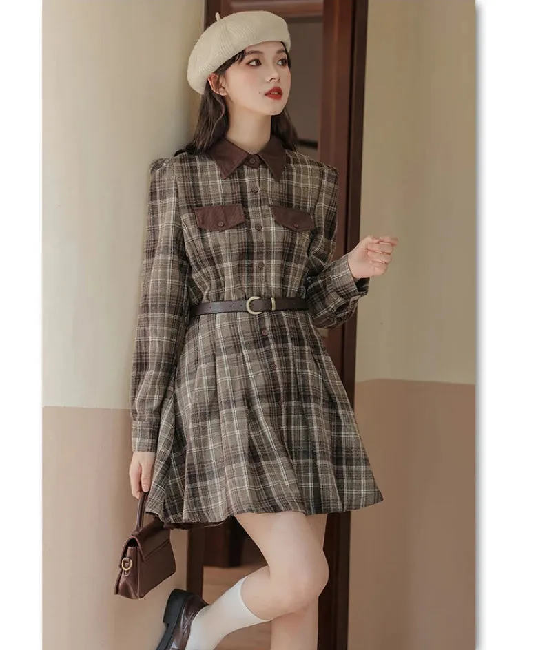 Foggy Skies Plaid Dark Academia Wool Dress