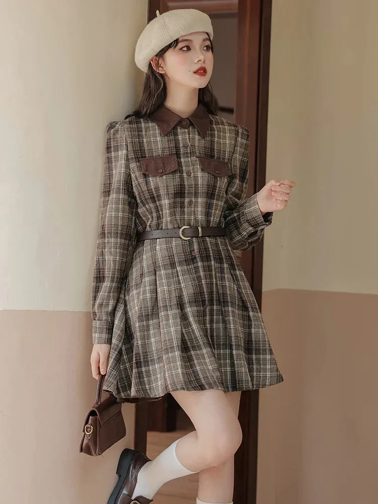 Foggy Skies Plaid Dark Academia Wool Dress