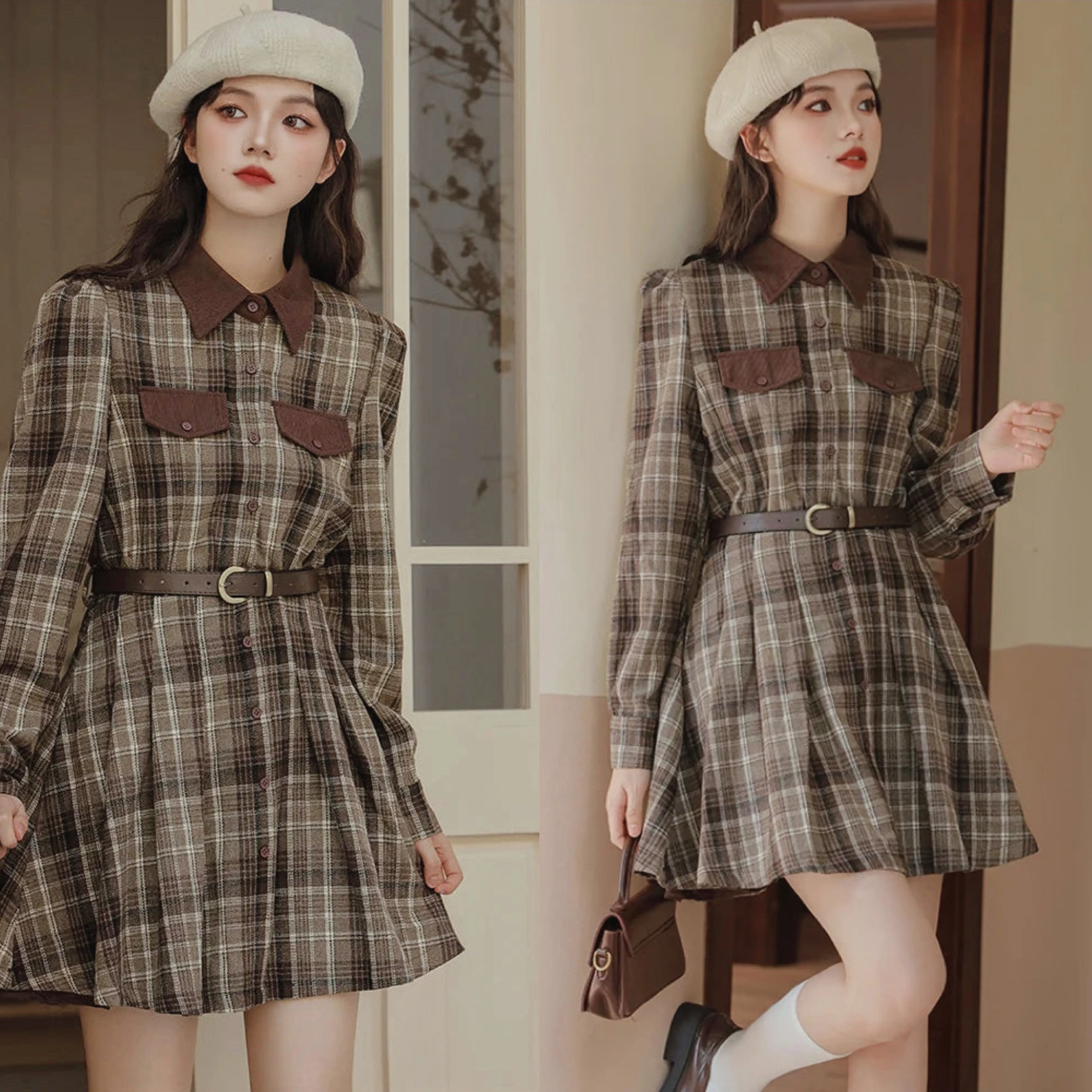 Foggy Skies Plaid Dark Academia Wool Dress