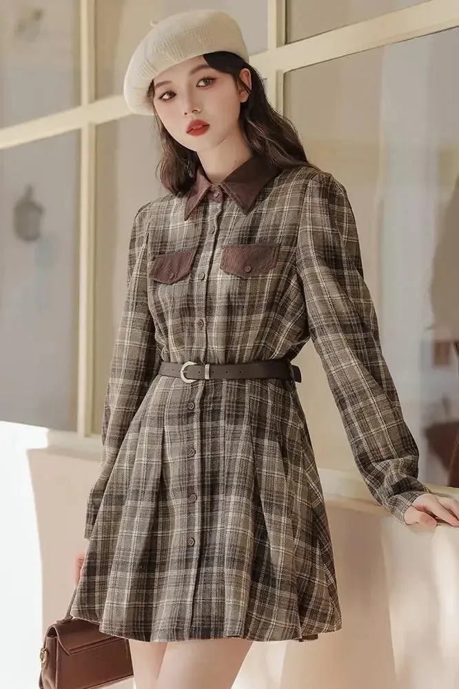 Foggy Skies Plaid Dark Academia Wool Dress