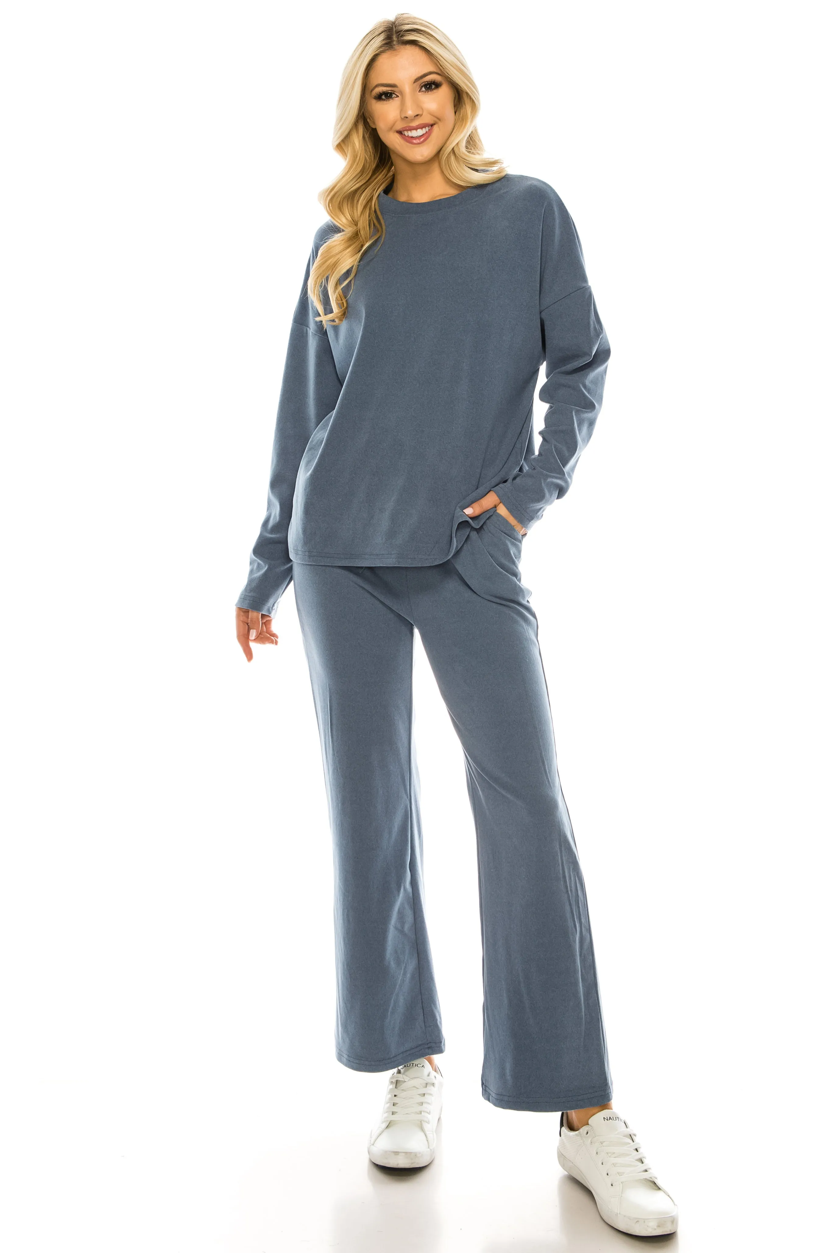 Haute Edition Women's Knit Lounge Set with Sweatshirt and Flared Pant