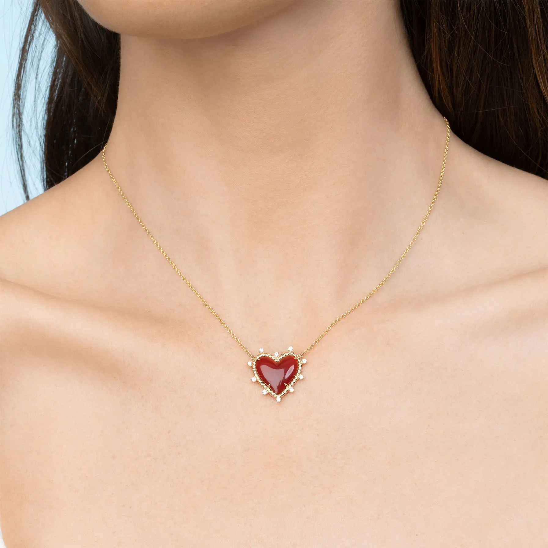 Heart Twist Necklace - White Diamond and Carnelian / 14k Yellow Gold