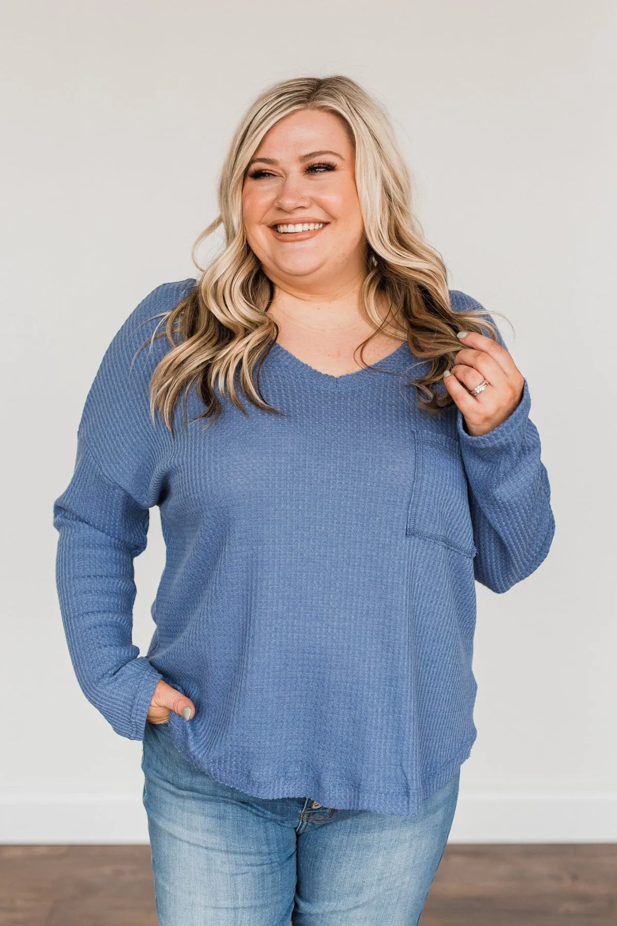 Hope Filled Days Waffle Knit Top- Deep Dusty Blue