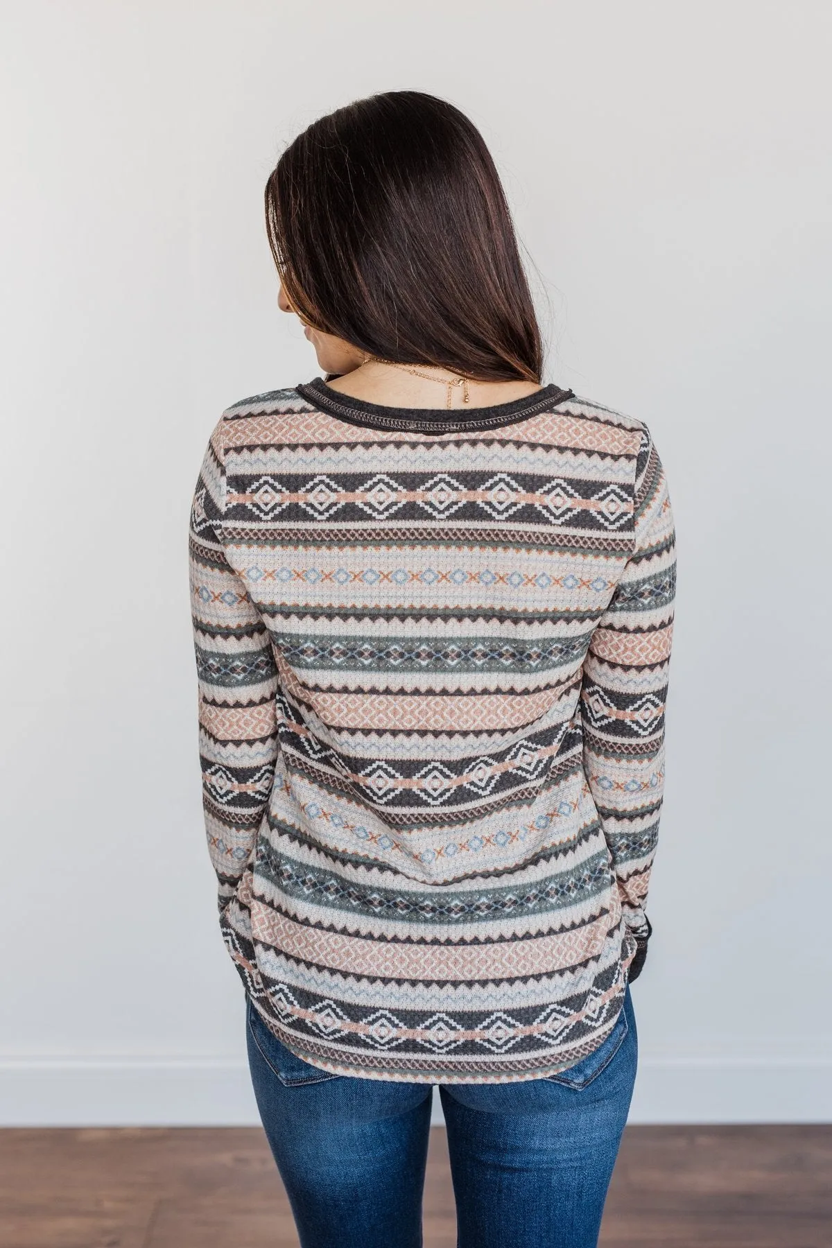 Hugs & Kisses Aztec Waffle Knit Top- Charcoal, Peach, & Ivory