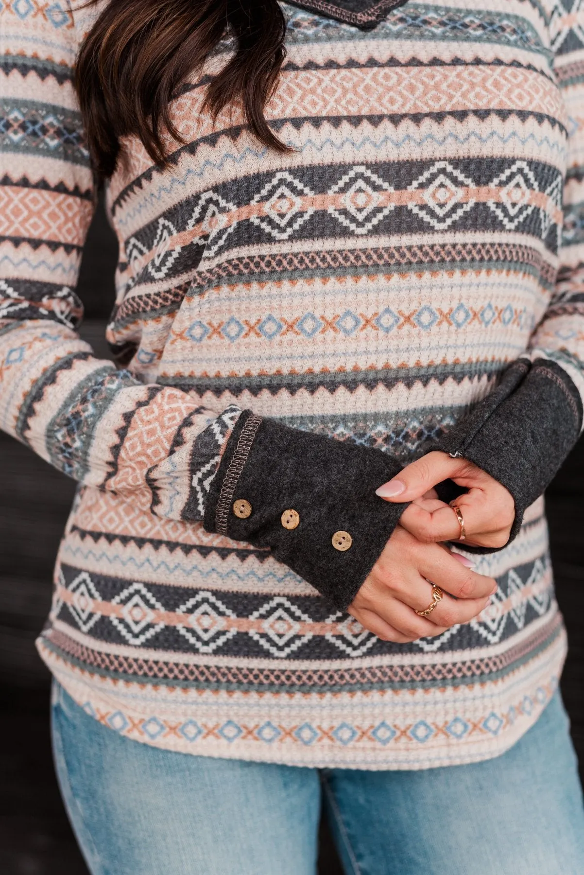 Hugs & Kisses Aztec Waffle Knit Top- Charcoal, Peach, & Ivory