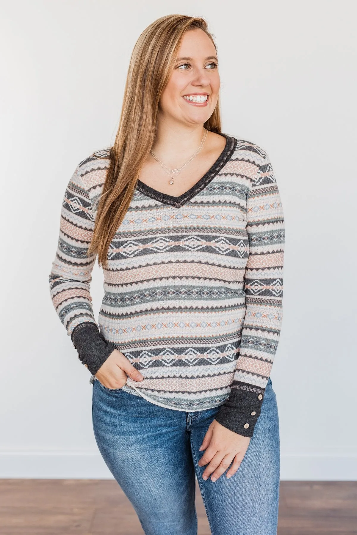 Hugs & Kisses Aztec Waffle Knit Top- Charcoal, Peach, & Ivory