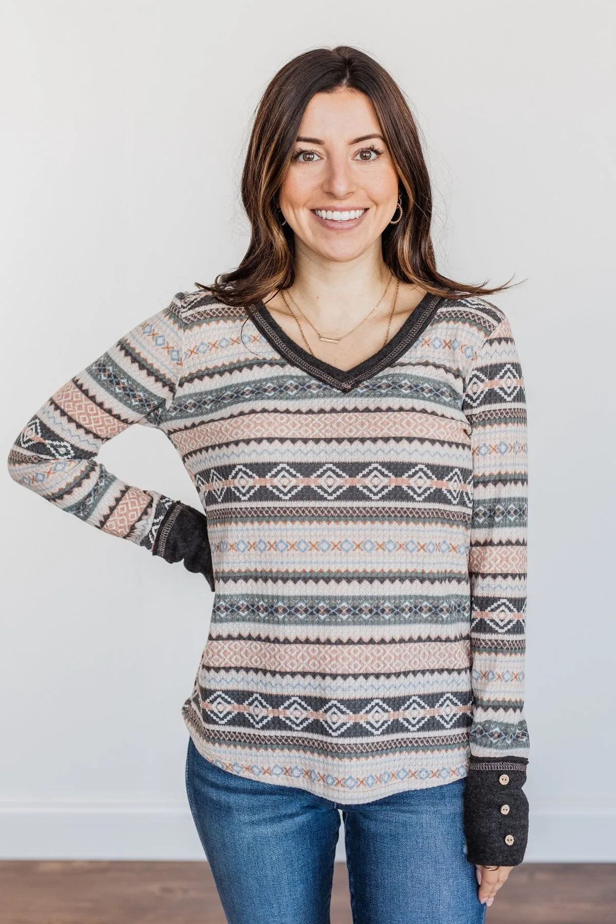 Hugs & Kisses Aztec Waffle Knit Top- Charcoal, Peach, & Ivory