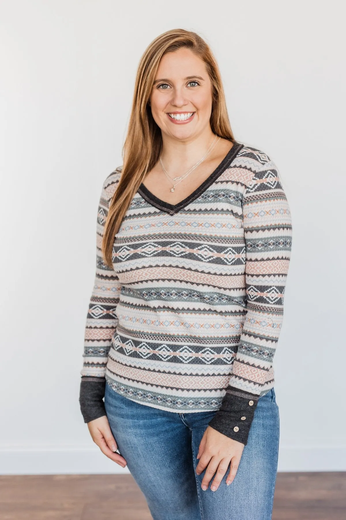 Hugs & Kisses Aztec Waffle Knit Top- Charcoal, Peach, & Ivory