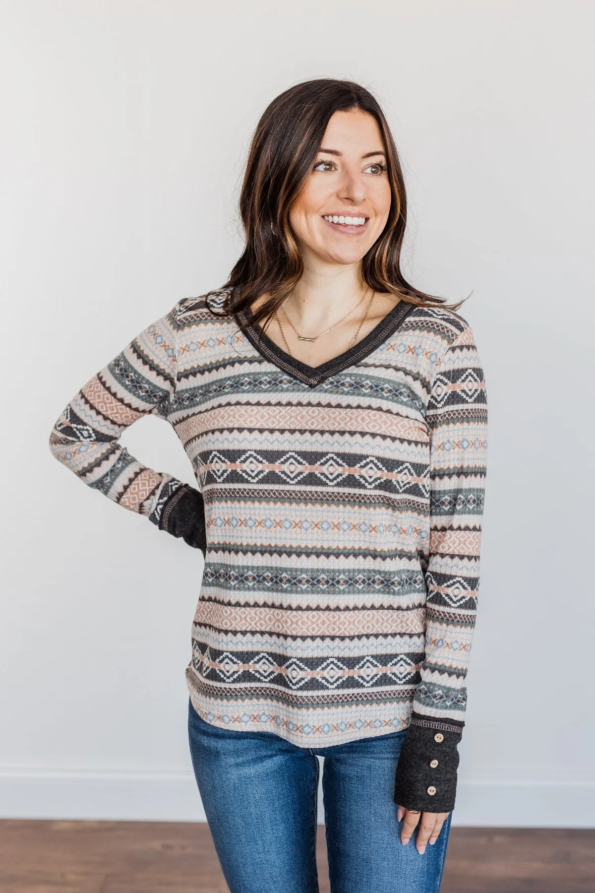 Hugs & Kisses Aztec Waffle Knit Top- Charcoal, Peach, & Ivory