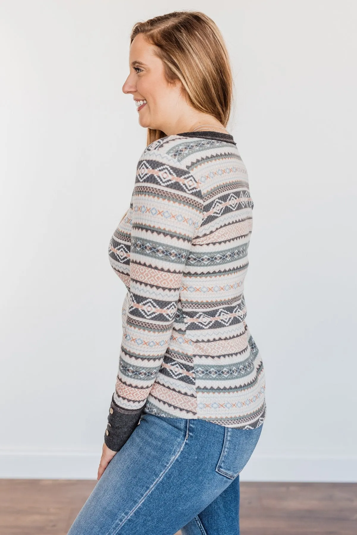 Hugs & Kisses Aztec Waffle Knit Top- Charcoal, Peach, & Ivory