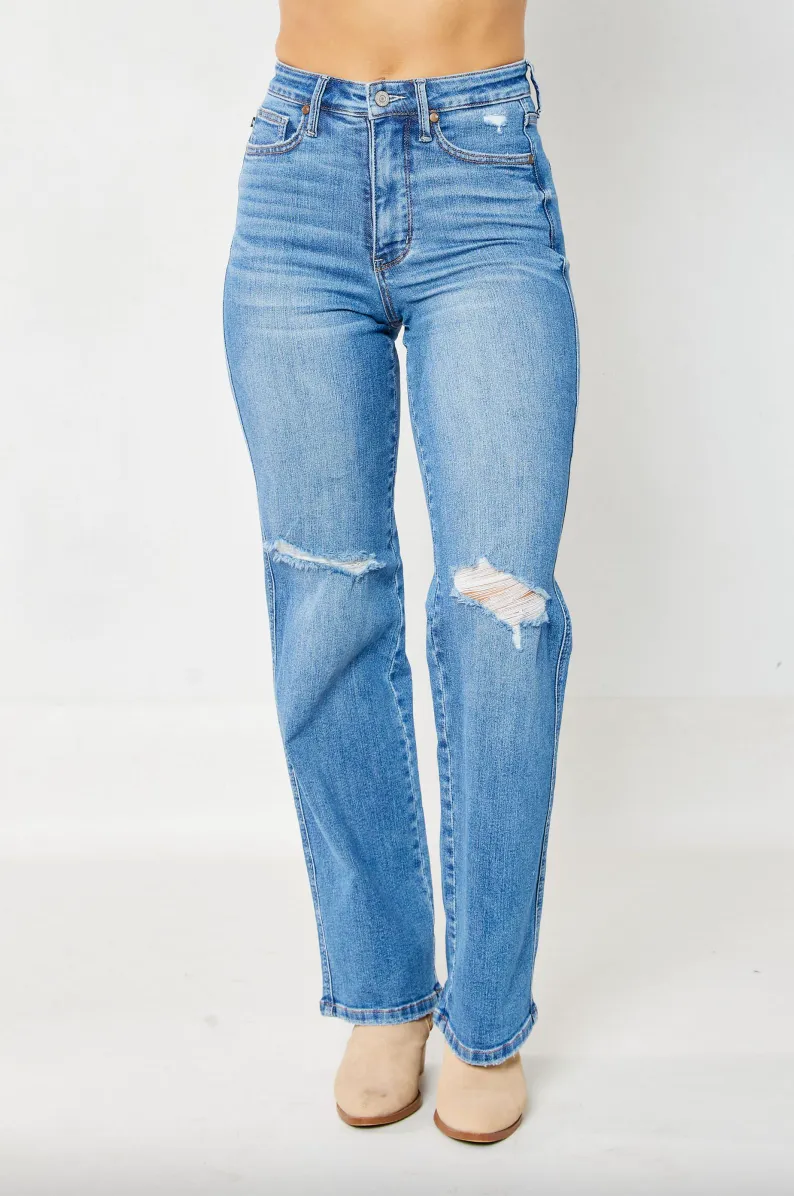 Judy Blue Tummy Control Knee Destroy Straight Leg Jeans