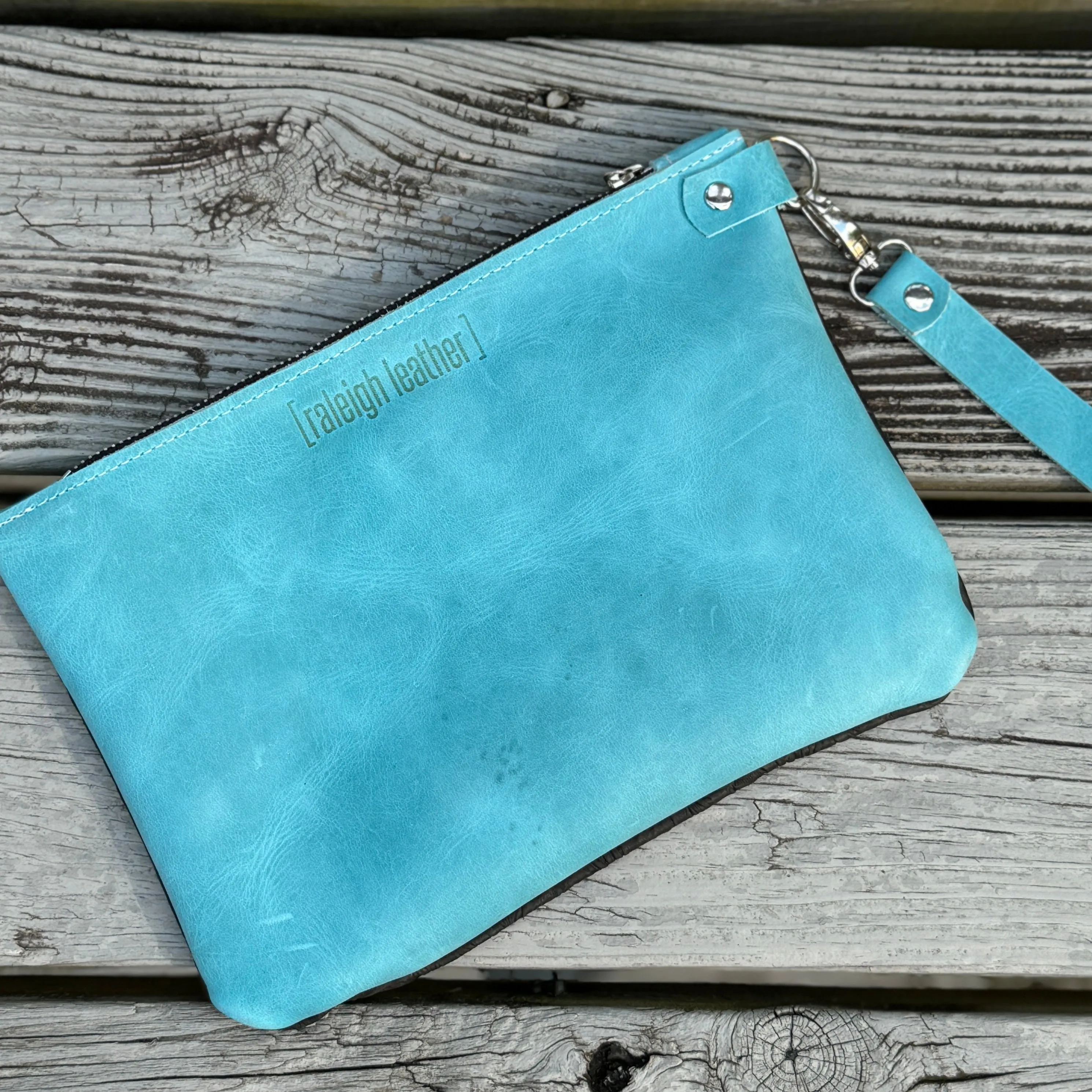 Large Zippered Wristlet - Black Floral Embossed + Aqua