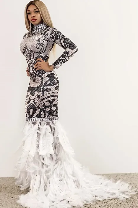 Lydia Diamante Feather Evening Dress (Rhinestones)