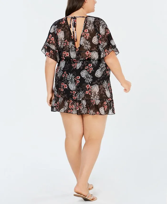 Miken Women's Ruffled Floral Print Swim Cover up Dress Black Size 0X