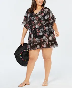 Miken Women's Ruffled Floral Print Swim Cover up Dress Black Size 0X