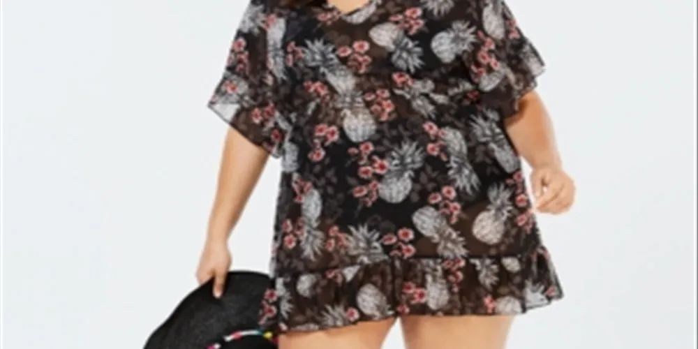 Miken Women's Ruffled Floral Print Swim Cover up Dress Black Size 0X