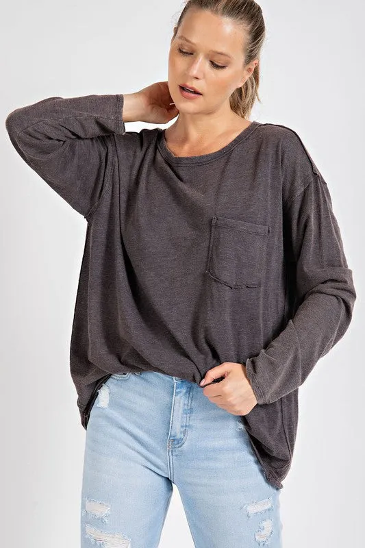 MINERAL WASHED ROUND NECKLINE LONG SLEEVES TOP