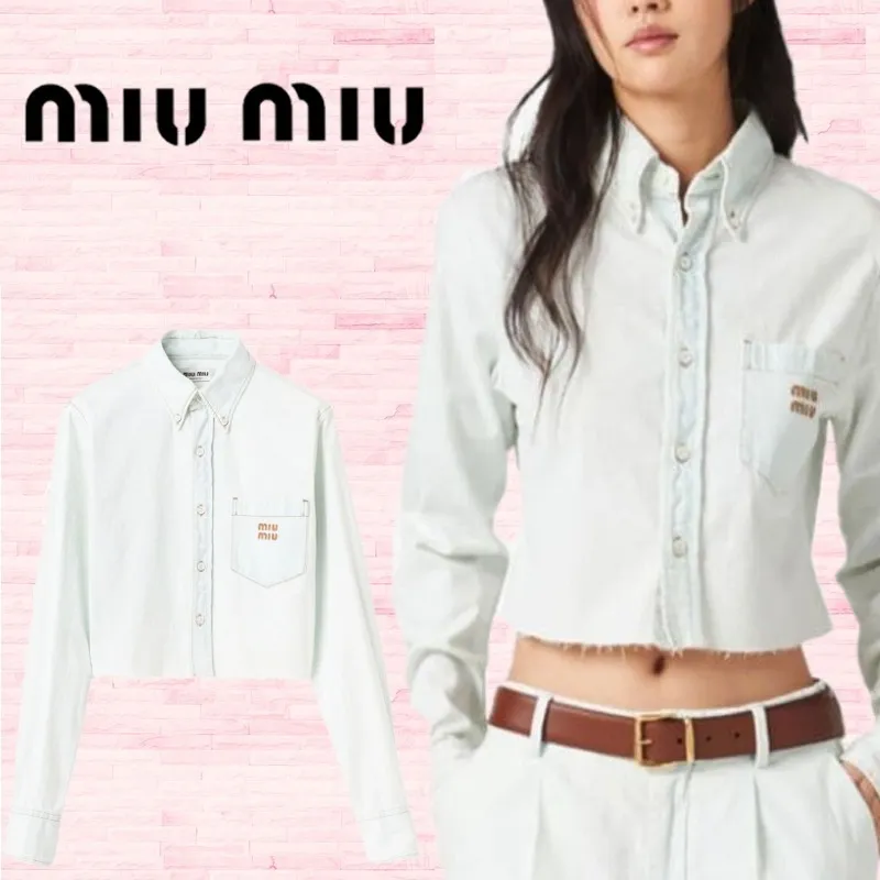 MiuMiu  |Denim Long Sleeves Plain Cotton Logo Shirts & Blouses