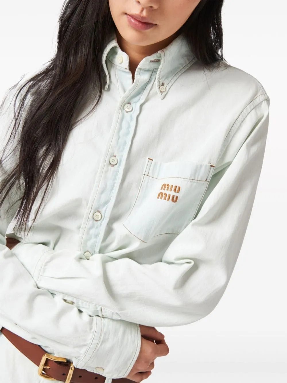 MiuMiu  |Denim Long Sleeves Plain Cotton Logo Shirts & Blouses