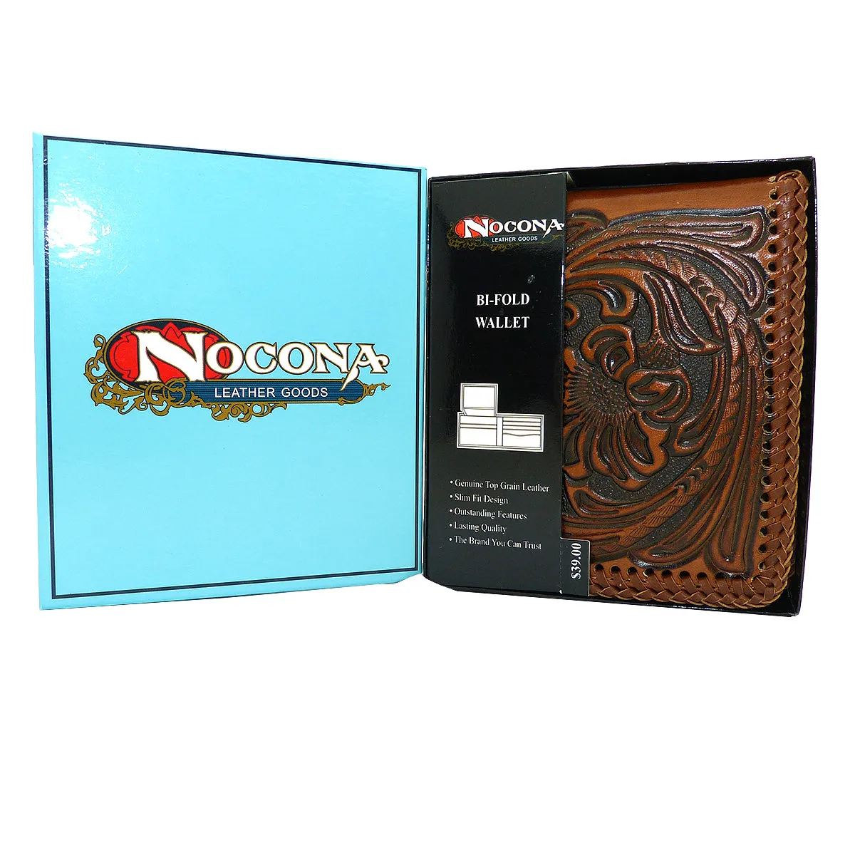 Nocona Mens Western Wallet Bi-fold Tooled and Laced Brown Leather N5421008