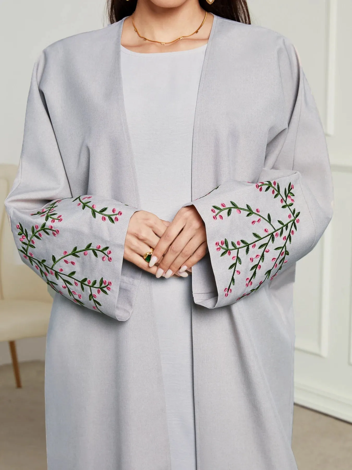 Open Kimono Abaya Embroidery Long Sleeve For Muslim Women