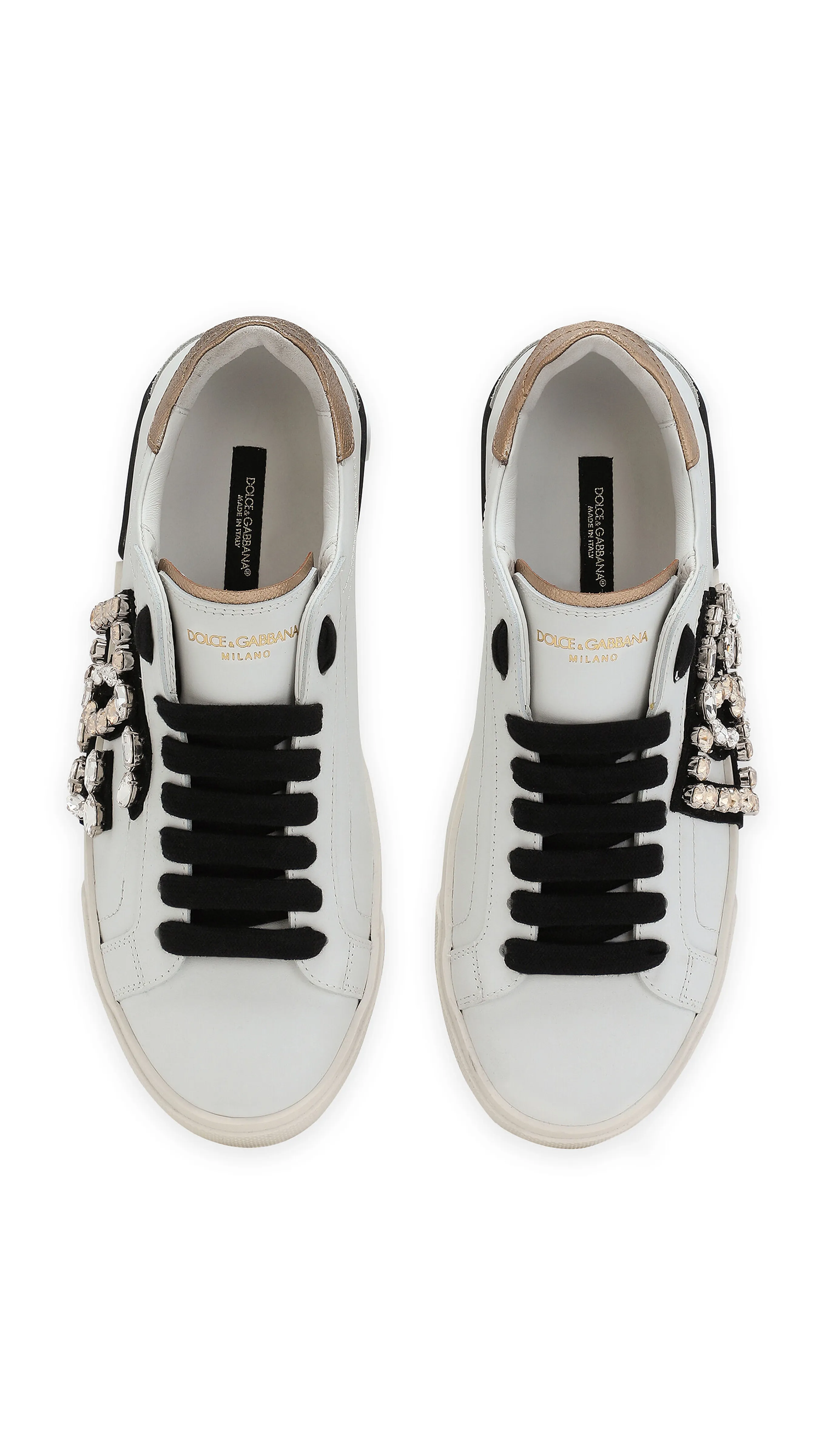 Portofino Vintage Calfskin Sneakers with Rhinestones - White/Gold/Black