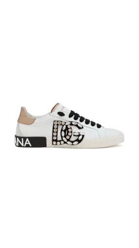 Portofino Vintage Calfskin Sneakers with Rhinestones - White/Gold/Black